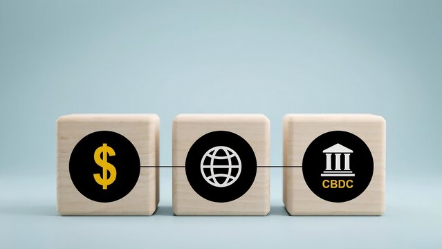 Conceptual illustration showcasing the interconnected elements of global finance, central banking, and the transformative impact of digital currencies (CBDC) on the economy