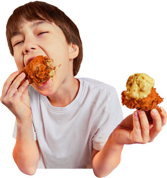 Boy taking big bite of crispy fried chicken on transparent background. Concept of quick service advertising, family dining, snack marketing, food delivery and appetite campaigns.