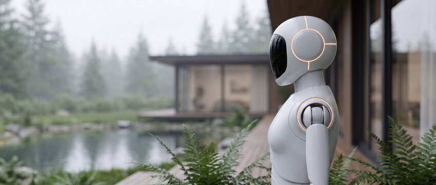 Futuristic white robot with glowing orange accents stands on a wooden deck overlooking a serene lake and modern house in a misty forest setting, symbolizing advanced technology and nature