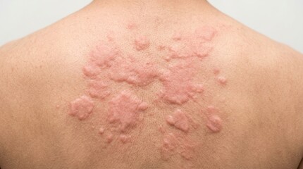 Fototapeta premium Severe allergic reaction with red hives and urticaria rash on human back