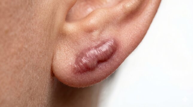 Macro close up of a raised hypertrophic keloid scar on human earlobe