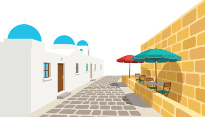 Fototapeta premium Greek Island Street with Blue Domed Churches and Outdoor Café Umbrellas, Vector Illustration Isolated on Transparent Background