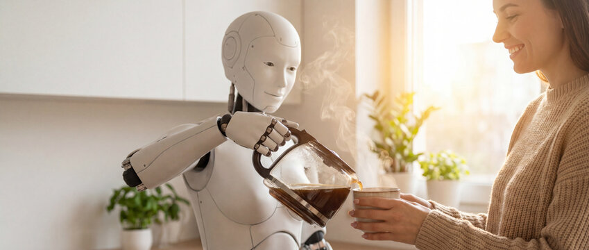 A friendly humanoid robot pours hot coffee into a mug for a smiling woman in a cozy kitchen, bathed in warm morning sunlight, symbolizing future domestic assistance and automation