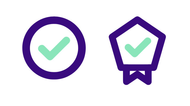 Verified checkmark icons in a circle and a badge shape with purple and mint green colors