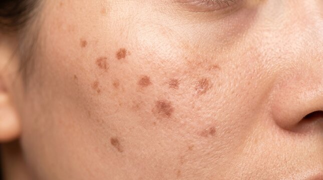 Close up of female facial skin with multiple age spots and sun damage hyperpigmentation