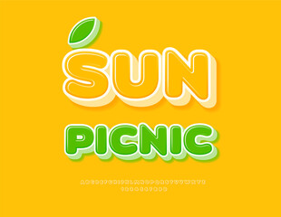 Fototapeta premium Vector recreational flyer Sun Picnic. Summer Yellow 3D Font. Cute Rounded Alphabet Letters and Numbers set.