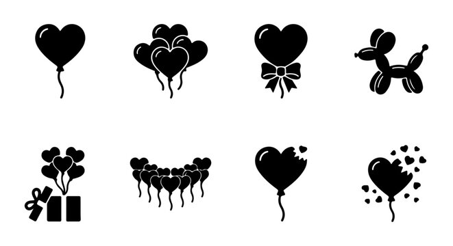 Heart balloon icon set, black solid vector silhouettes for Valentine's Day, romantic balloon dog and gift box elements for wedding decor