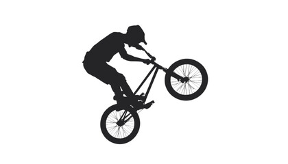 Naklejka premium Bmx rider performs a trick while balancing the bicycle on the rear wheel in an urban skate park area.