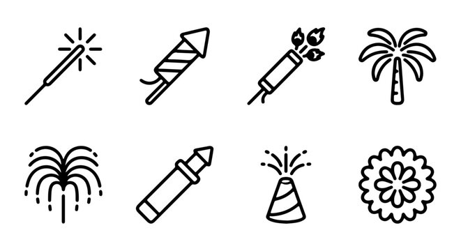 Firework Icons Set: Sparkler, Rocket, Palm Tree, Celebration Graphics