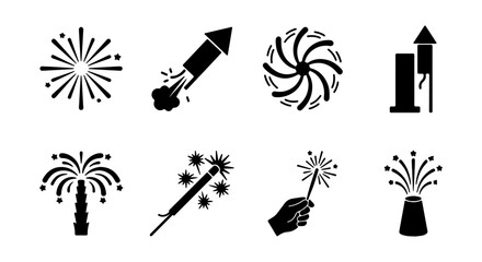 Celebration Fireworks Icons, Festive Pyrotechnics Vector Set, Sparkler and Rocket Graphics © Lb