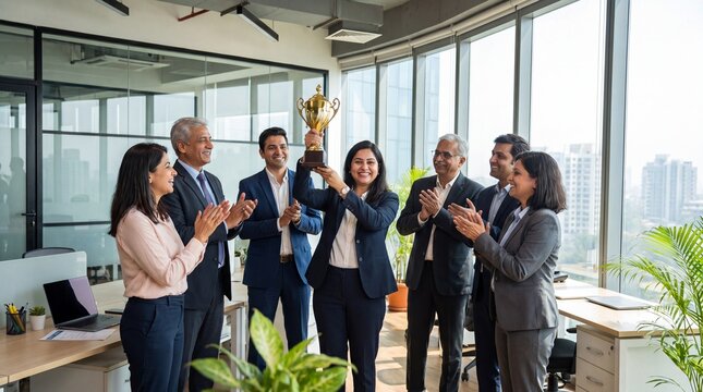 Diverse Indian corporate team celebrating success with a golden trophy in a modern office, showcasing teamwork, employee recognition, leadership, workplace achievement, and professional business 
