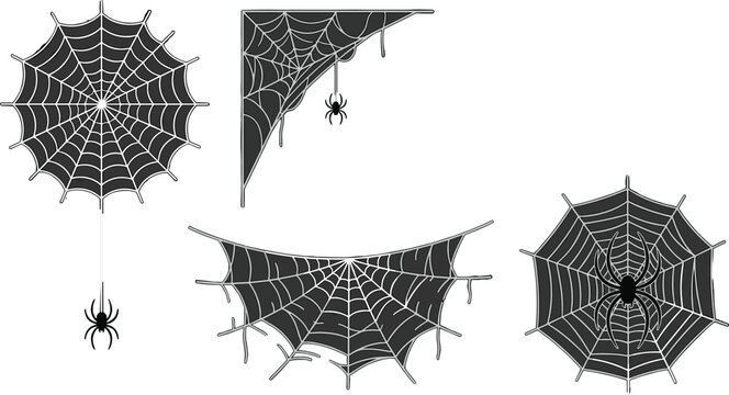 Spooky Halloween Spider Web and Cobweb Vector Silhouette Set with Hanging Spiders for Scary Party Decorations and Corner Borders