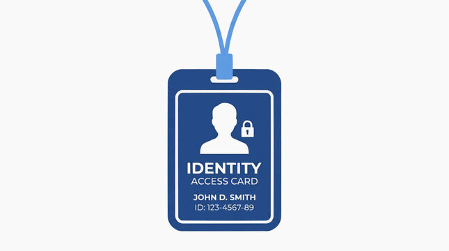 Identity Access Card: A blue identity and access card hangs from a lanyard, featuring a silhouette of a person, a lock symbol, and text identifying it as an access credential for authorized entry.