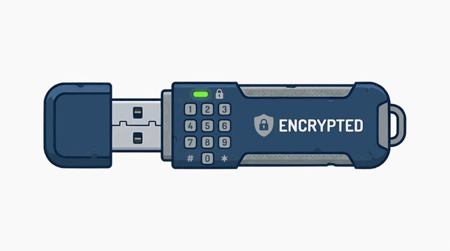 Encrypted USB Drive with Keypad: A rugged, blue USB flash drive features a built-in keypad and a label indicating it is encrypted, suggesting secure data storage and transfer.
