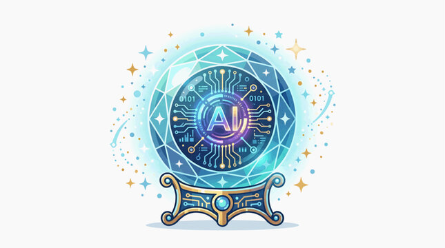 AI Crystal Ball: A mystical crystal ball imbued with artificial intelligence technology, glowing with cosmic energy and representing the future of innovation and predictive analytics.