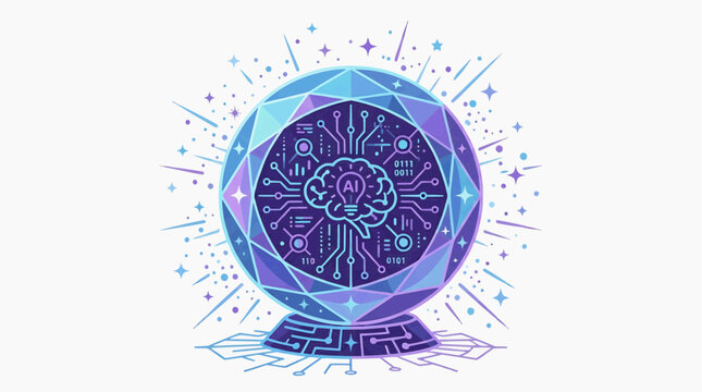Crystal Ball of AI: A futuristic crystal ball imbued with the glowing circuitry of artificial intelligence, symbolizing innovation, foresight, and the dawning of a new technological era.