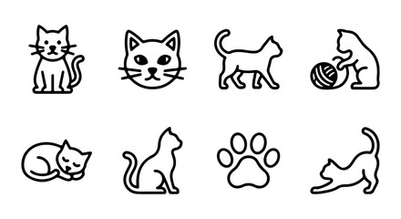 Fototapeta premium Minimalist Cat Icons Set, Simple Feline Line Art Collection, Cute Pet Vector Graphics