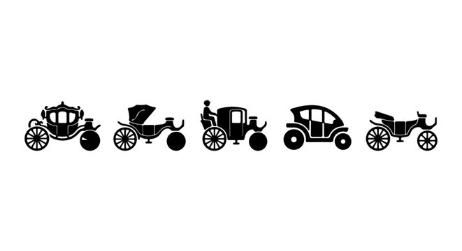 Vintage Carriage Icons, Horse-Drawn Vehicle Silhouettes, Classic Transport Vector Set