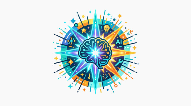 Brainpower Unleashed: An artistic representation of Artificial Intelligence, featuring a luminous brain icon at the center of a vibrant, starburst-like compass.