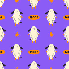 Obraz premium Dog Ghost Halloween Seamless Pattern. Colorful hand drawn Spooky Doggy Background with Puppy specter Boo text and Star shapes. Vector illustration