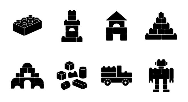 Building Blocks Icons, Construction Toys Vector Set, Playful Shapes, Kids Creativity Elements