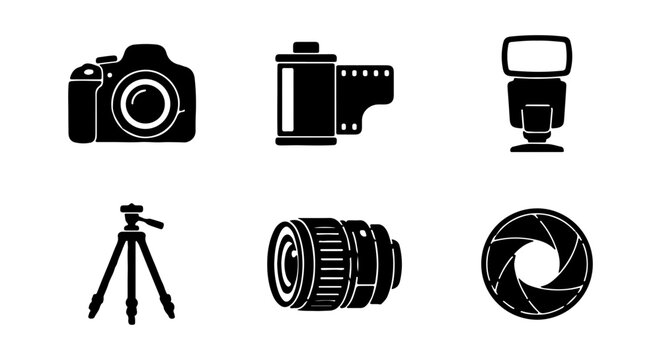 Photography Icons Set: Camera, Film Roll, Flash, Tripod, Lens, Aperture. Vector Graphics.