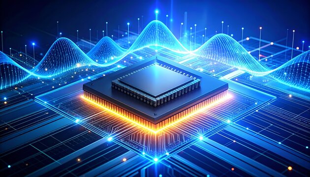 Digital chip glows with vibrant blue and orange light. Waveforms pulse above, symbolizing data flow