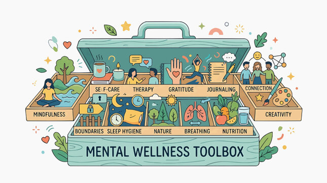 Mental Wellness Toolbox: An open toolbox illustrating essential elements for mental well-being, including mindfulness, self-care, therapy, gratitude, journaling, and connection.