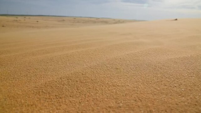 Sand dunes shift under sunlight, showcasing texture and patterns in desert landscape