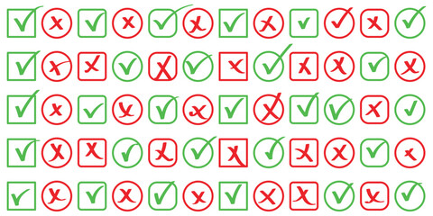 Fototapeta premium Set green approval check mark and red cross icons in circle and square, checklist signs, flat checkmark approval badge, isolated tick symbols. Check mark icon set. Check box icon with right and wrong