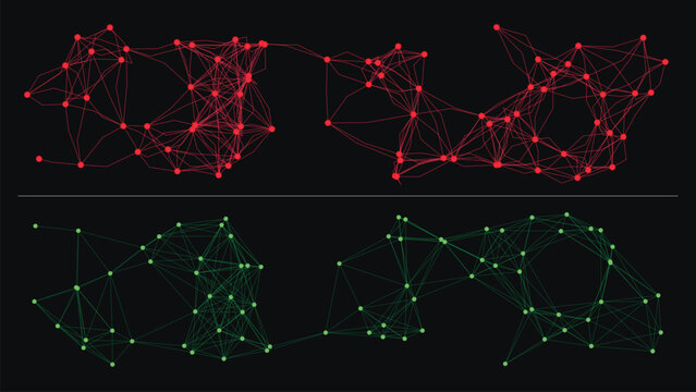 Red and green spoofed network mirror nodes on dark background