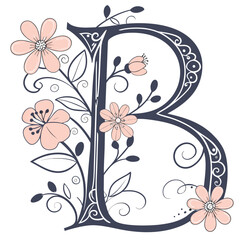 Decorative letter b with pink flowers and swirls floral design decorative arts graphics © PixelFusion