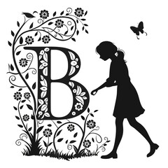 Silhouette of a girl walking with a butterfly and a large decorative letter b, silhouette © PixelFusion