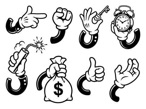 Retro Cartoon Gloved Hands Set with Money Bag, Clock, and Bomb Icons