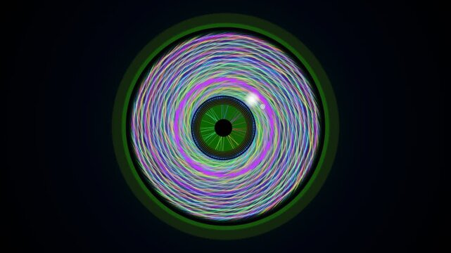 Spinning colors create patterns and shapes in a circular design