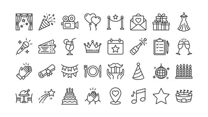 Fototapeta premium Comprehensive collection of line icons depicting various event party and celebration elements on transparent background