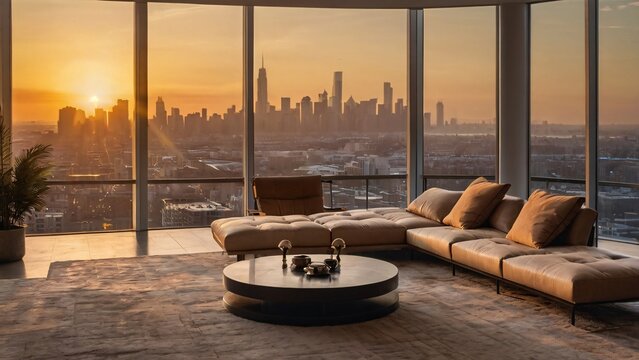 Luxury penthouse living room with modern furniture overlooking a city skyline at sunset