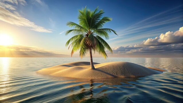 Lone desert island with a single palm tree growing on a sandy dune