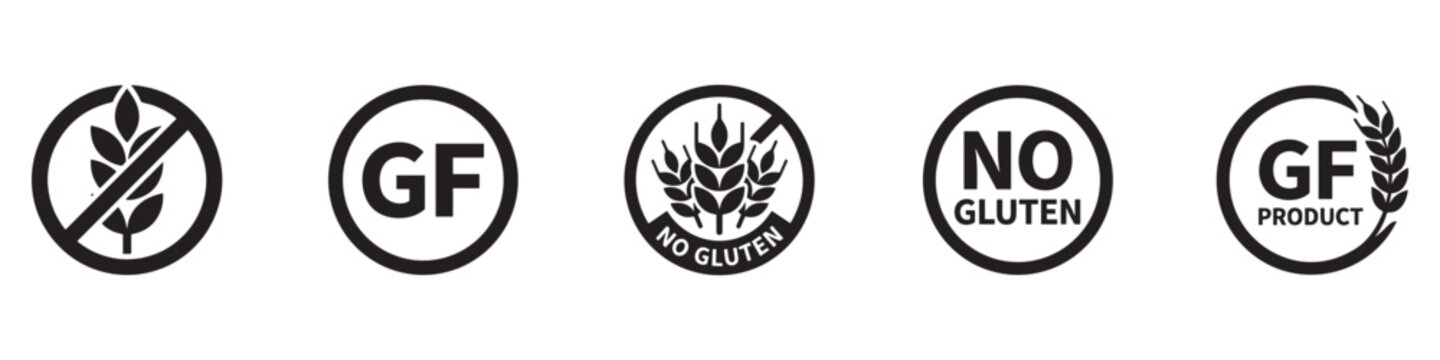 Gluten free icon set. No gluten product symbols. Wheat ear silhouette signs. Healthy, organic, and allergen free food badges. Vector illustration. Vector Graphic. EPS 10