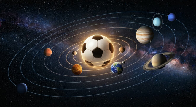 Conceptual solar system with a soccer ball as the sun, planets orbiting a football in space, creative sports and astronomy background, generative AI