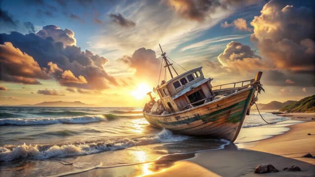 A wrecked boat washed up on a sandy beach