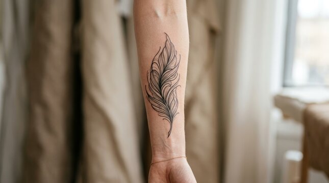 Delicate Feather Tattoo on Female Forearm, Black Ink, Minimalist Body Art