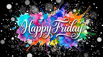 Happy Friday colorful watercolor splash abstract background with bokeh and glitter