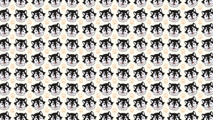 Black and white husky faces repeat on a pale background. Each face shows bright, friendly eyes and a cheerful grin. The pattern feels playful and inviting to viewers © rochmuch
