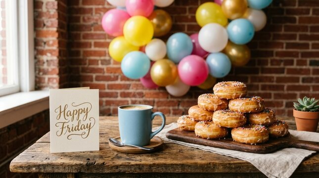 Happy Friday Coffee Break with Doughnuts and Balloon Heart Decoration
