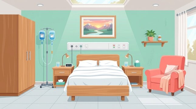 Cozy Hospital Room with Bed, IV Drip, and Armchair - Healthcare Interior