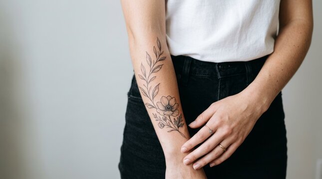 Delicate Floral Tattoo on Woman's Arm, Minimalist Botanical Design, Black Ink Art