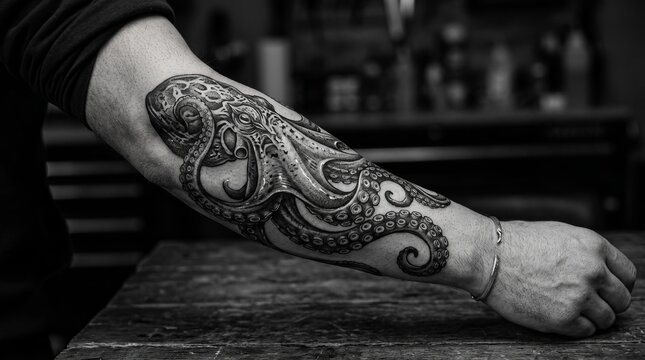 Detailed Octopus Tattoo on Male Forearm, Black and White, Realistic Art