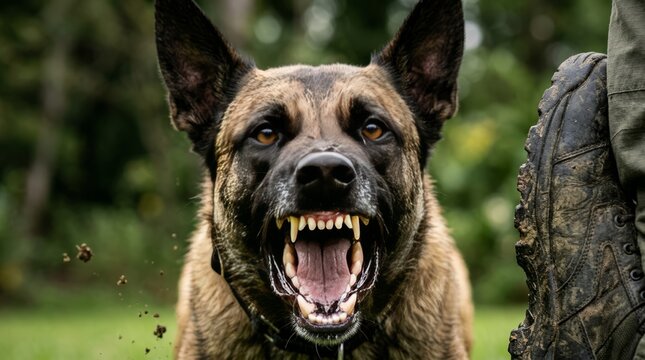 Aggressive Belgian Malinois Dog Barks and Snarls, Showing Teeth Next to Soldier's Boot