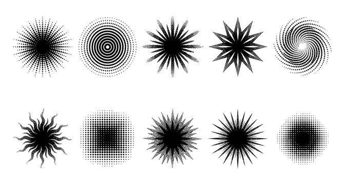 Set of Diverse Abstract Geometric Shapes and Sunburst Icons